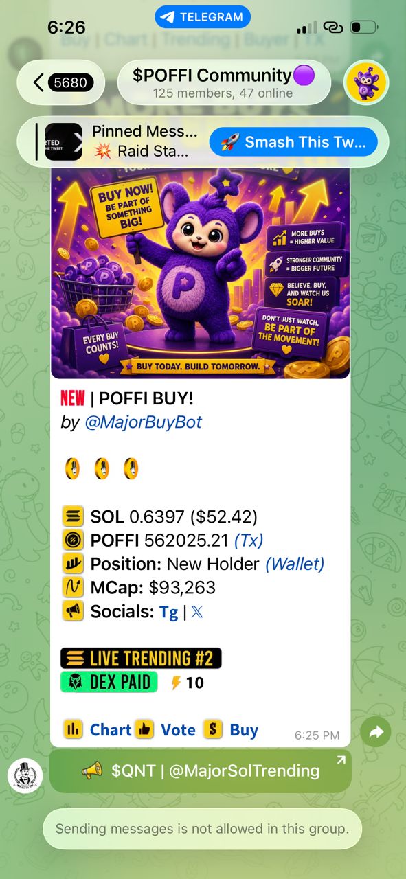 POFFI Telegram community with 125 members and a live buy at a $93K market cap